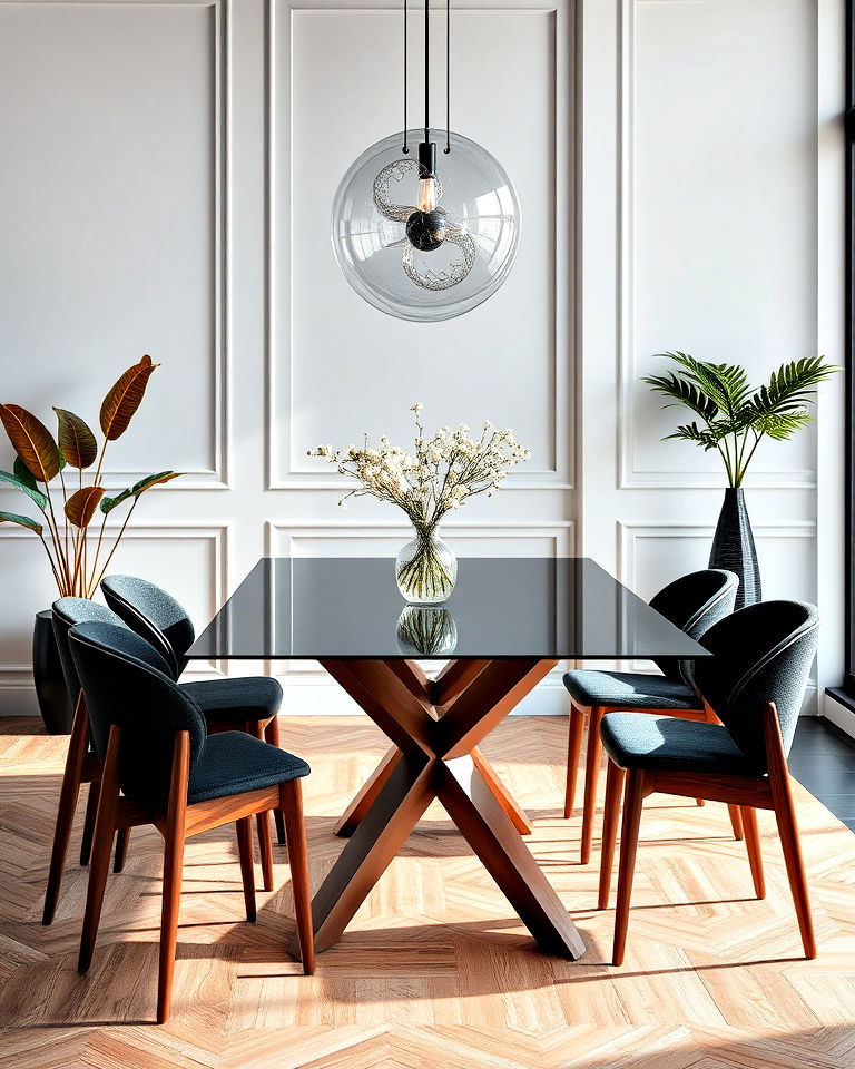 black glass and brown wooden tables