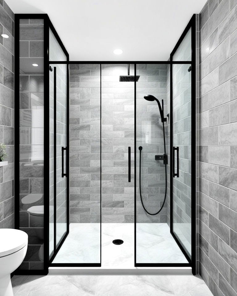 black glass shower doors with grey tile surround