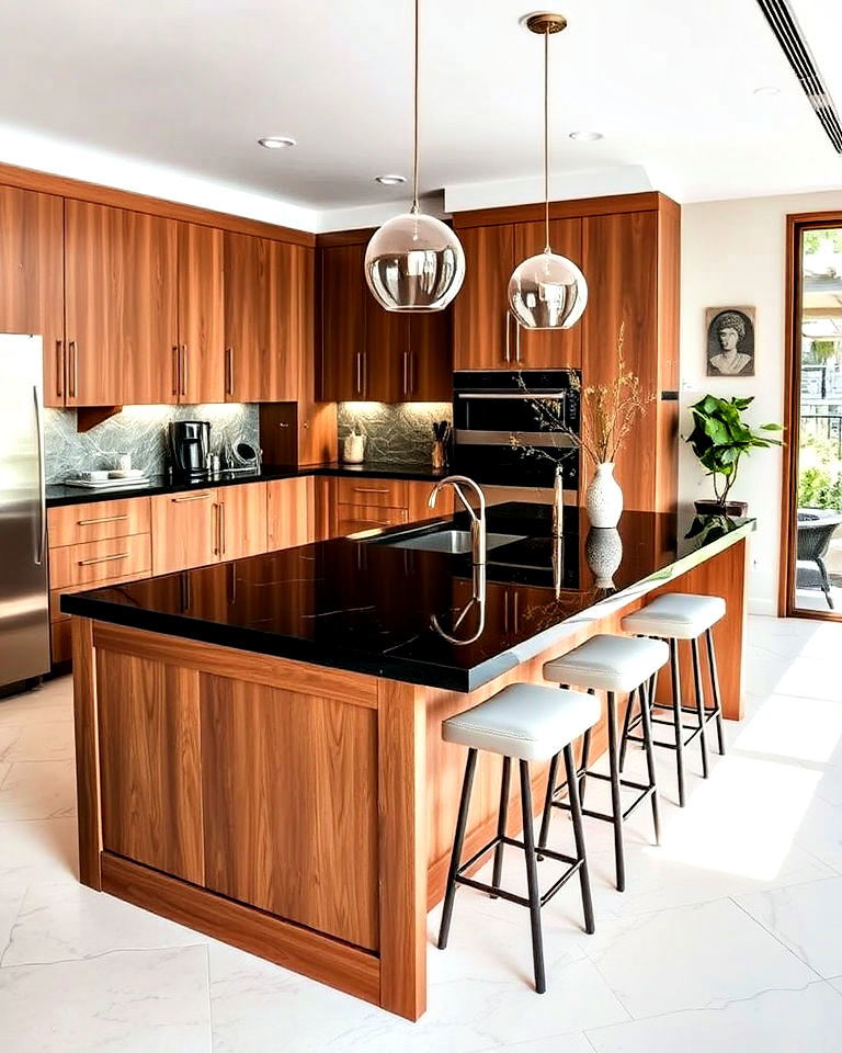 black granite and brown wood kitchen island