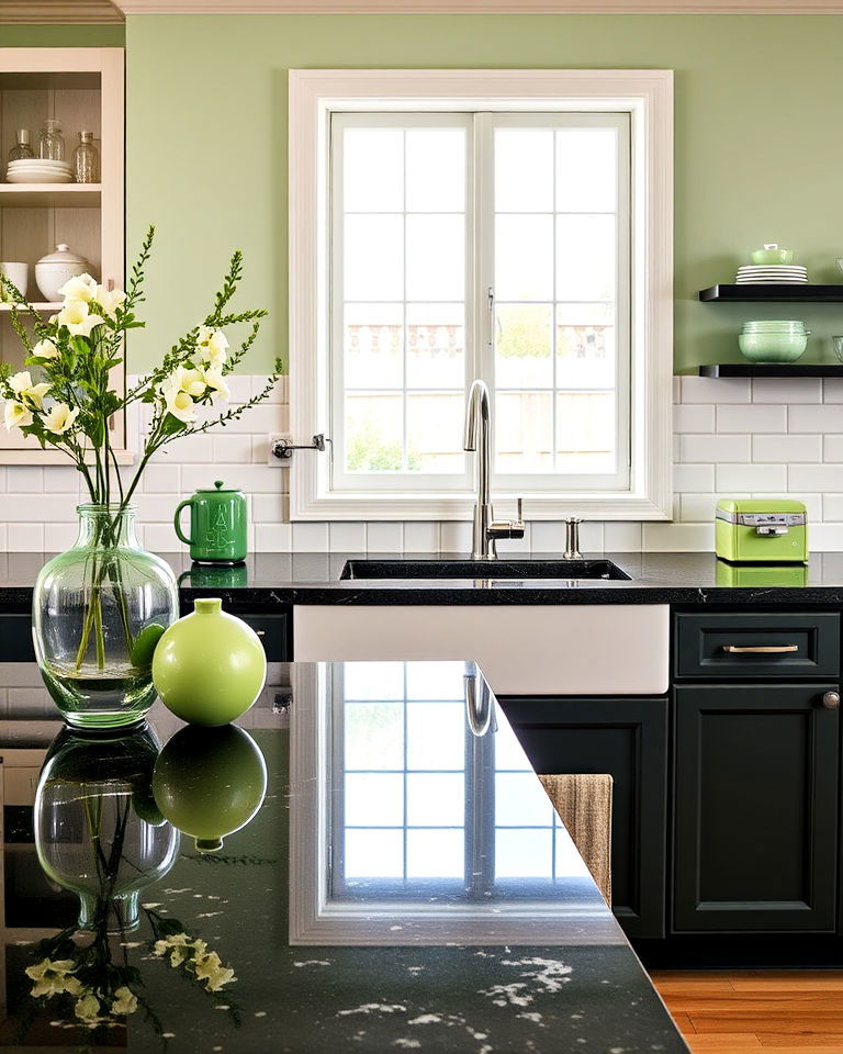 black granite countertops with sage green accents for kitchen