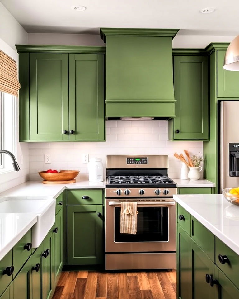 black hardware on green cabinets for kitchen