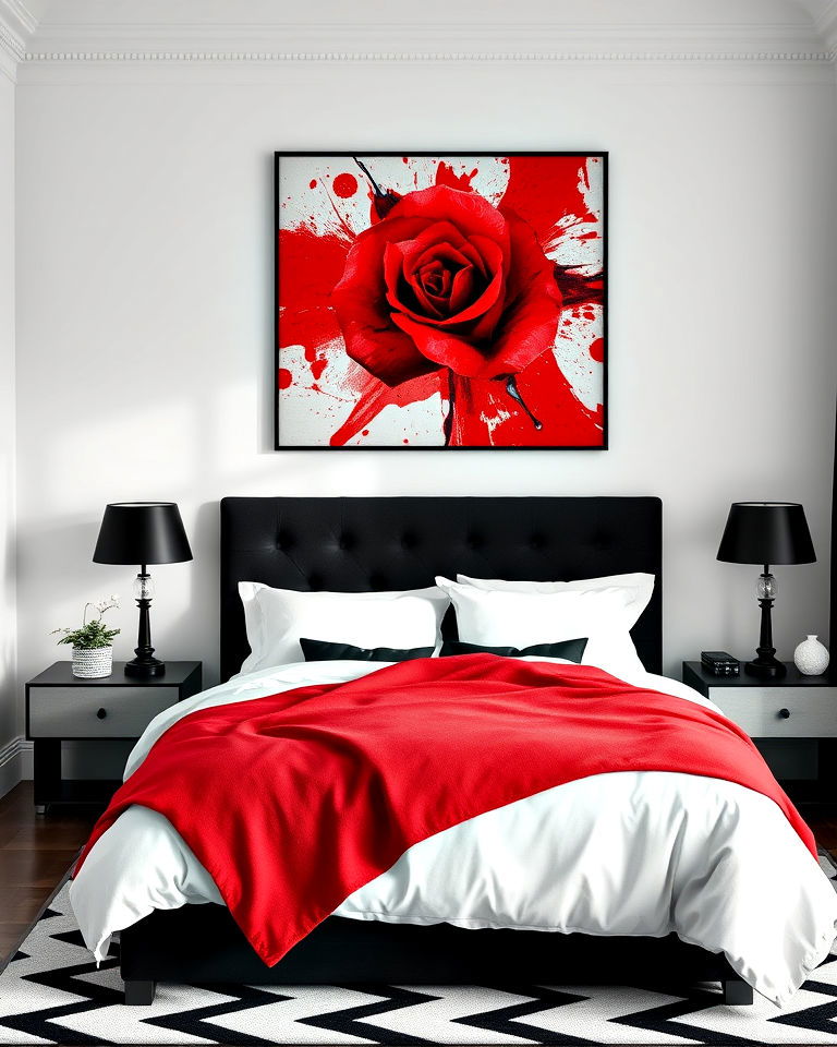 black headboard with red and white bedding