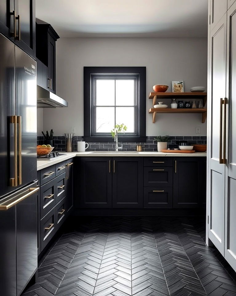 black herringbone patterned tiles