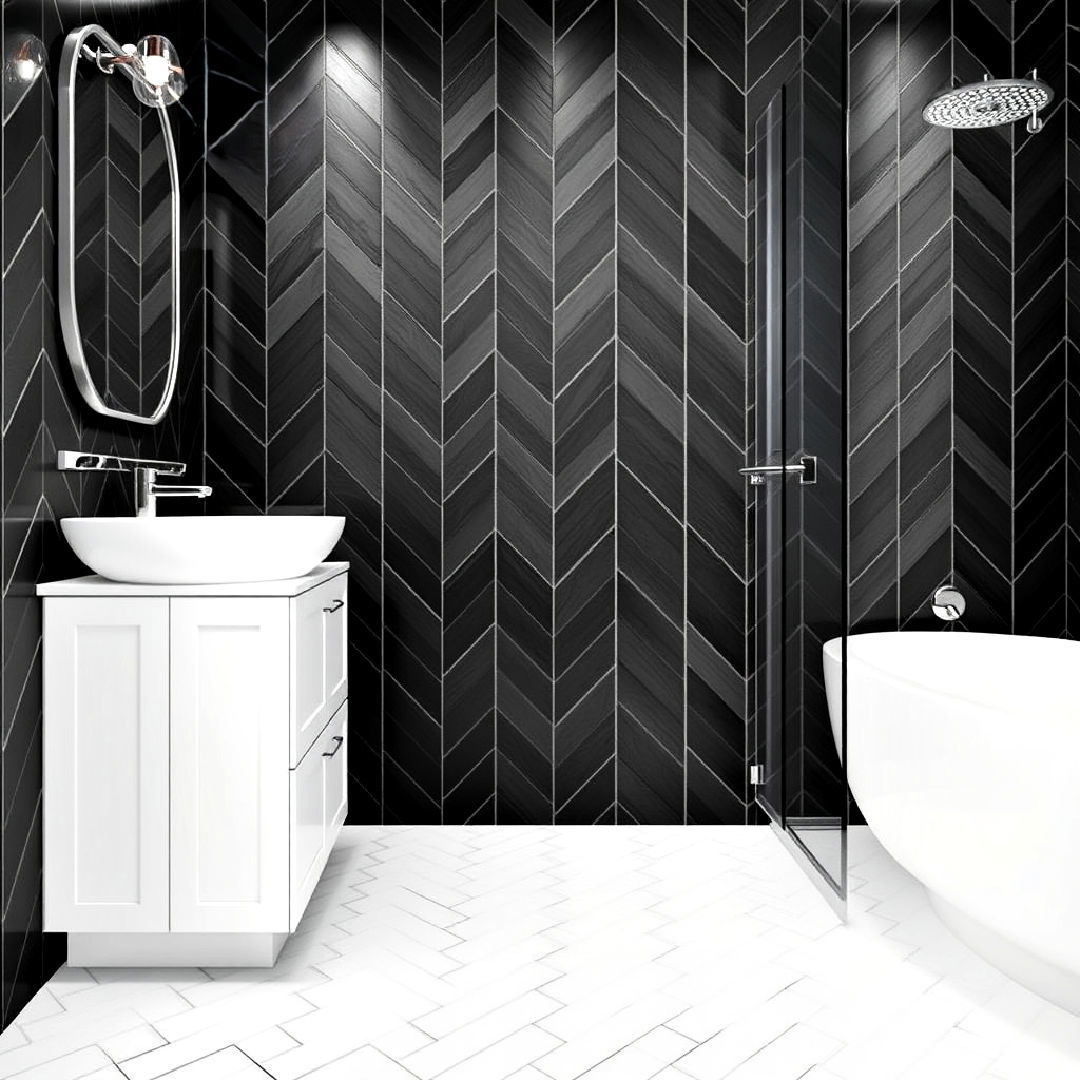 black herringbone tile bathroom