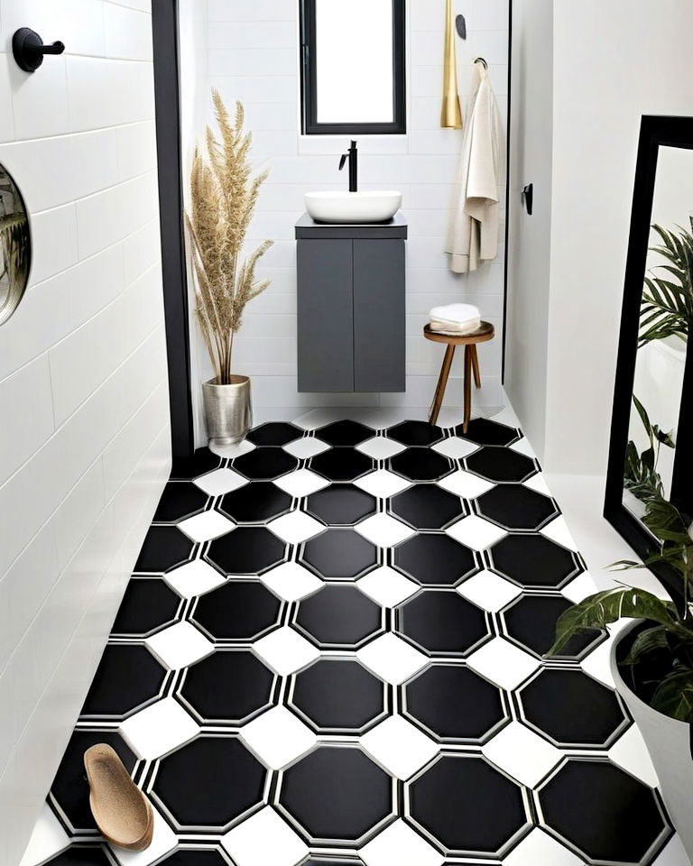 black hexagon bathroom tiles with white borders