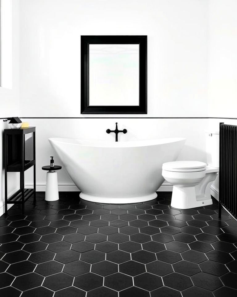 black hexagonal tiles floor with white walls