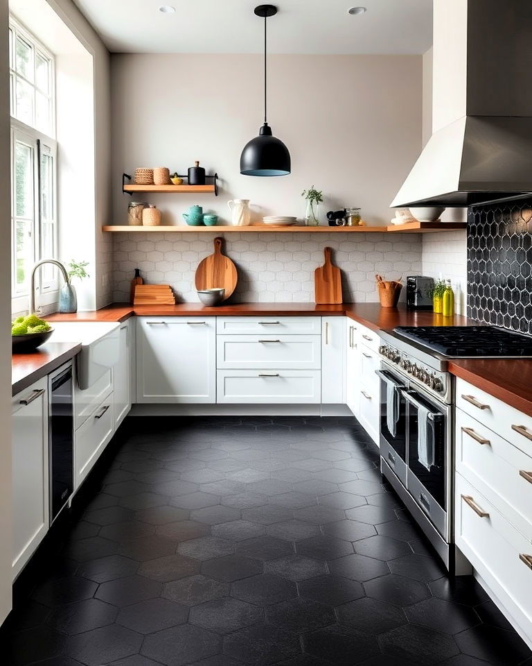 black hexagonal tiles