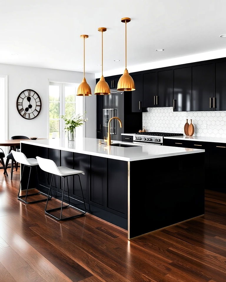 black island with white countertop and gold fixtures