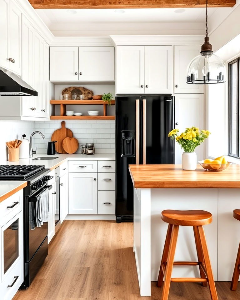 black kitchen appliances and wood accents