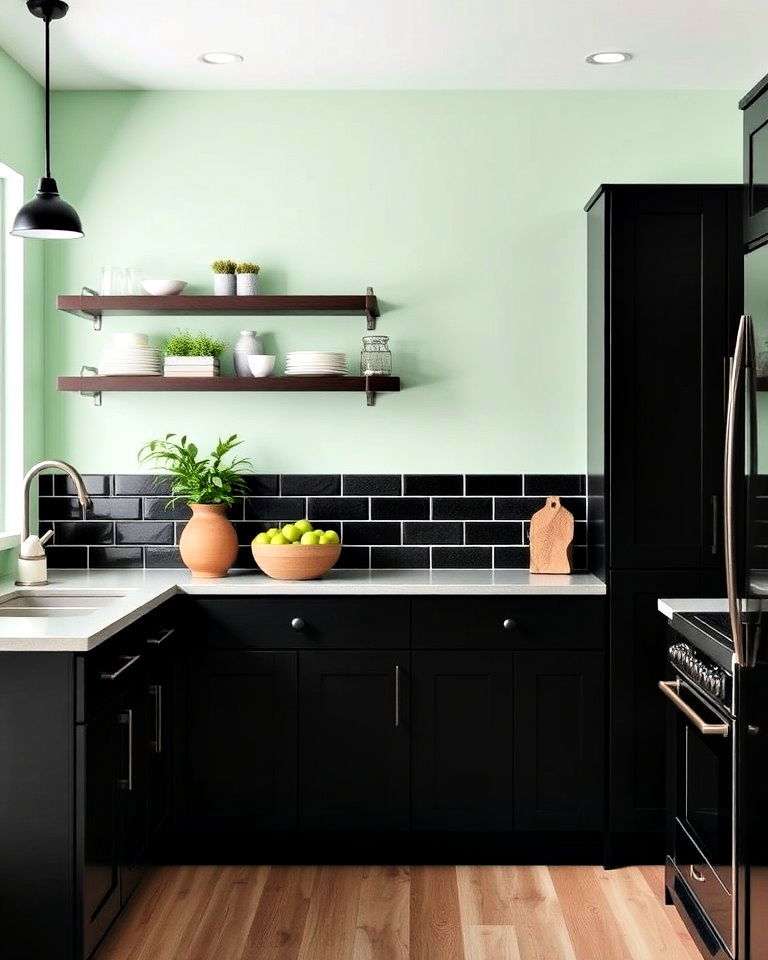 black kitchen cabinets with mint green walls