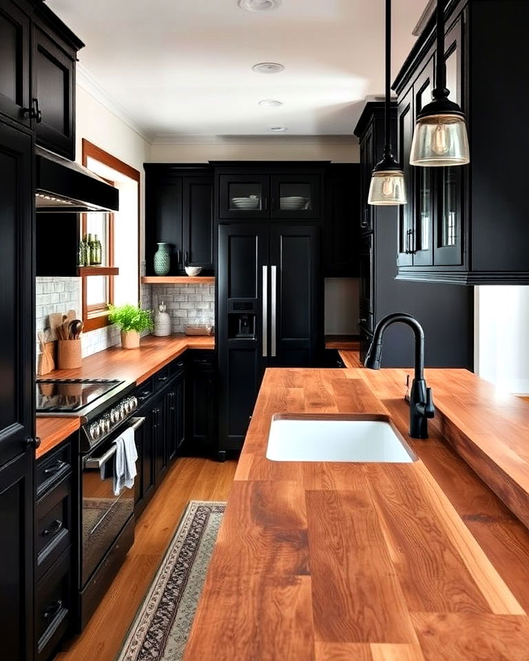 black kitchen cabinets with rustic wood countertop