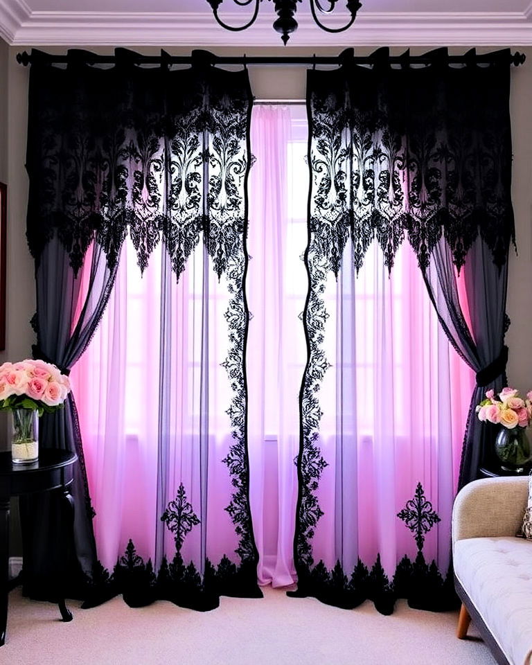 black lace curtains with pastel sheers