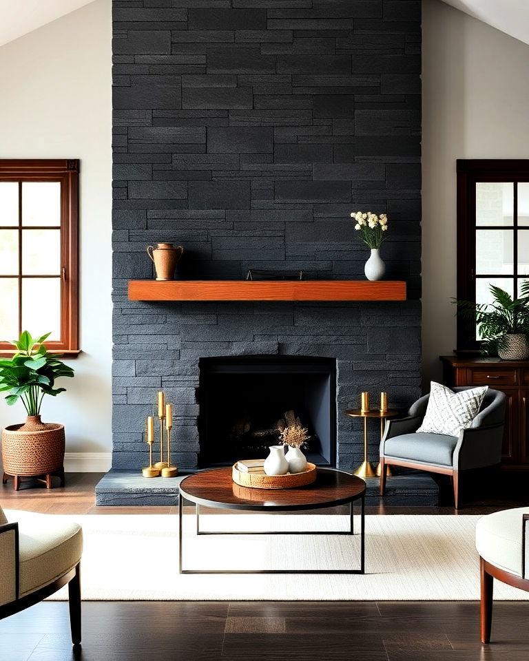 black limestone fireplace with a timeless appeal