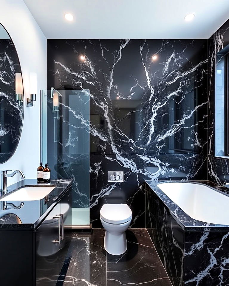 black marble accent wall in bathroom