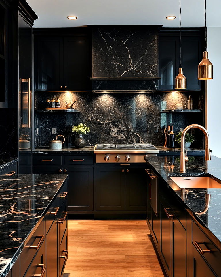 black marble countertop with copper accents