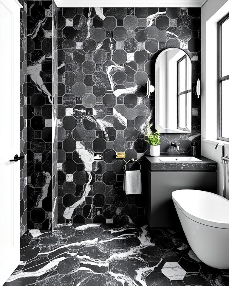 black marble hexagonal tiles for a chic bathroom look