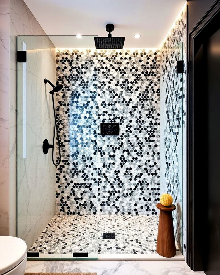 black marble mosaic tiles shower