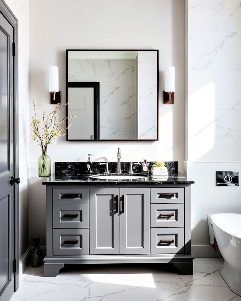 black marble vanity with grey accents