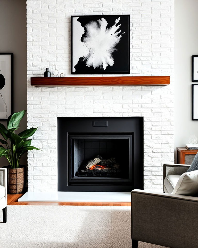 black metal fireplace with textured white tiles