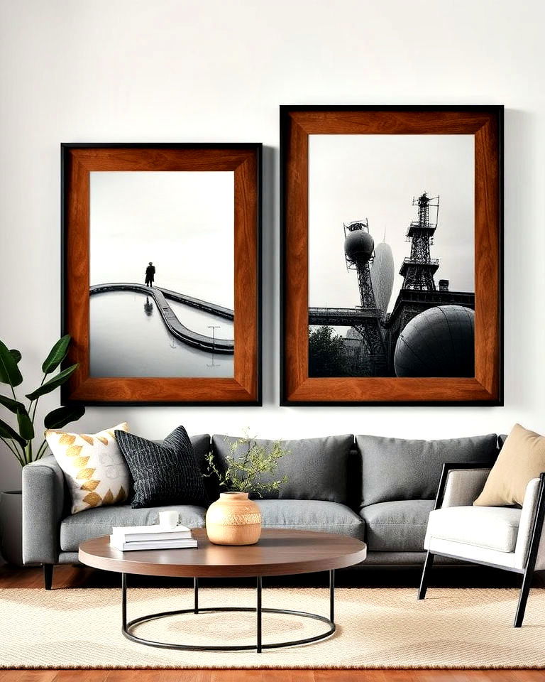 black metal frames with brown wooden artwork