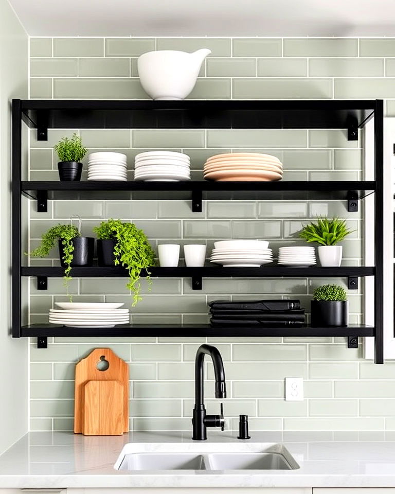 black open shelving with sage green backsplash for kitchen