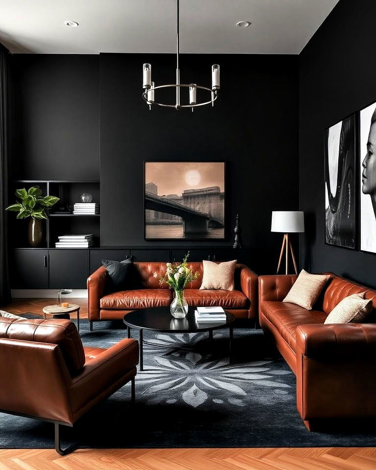 black painted walls with brown leather furniture