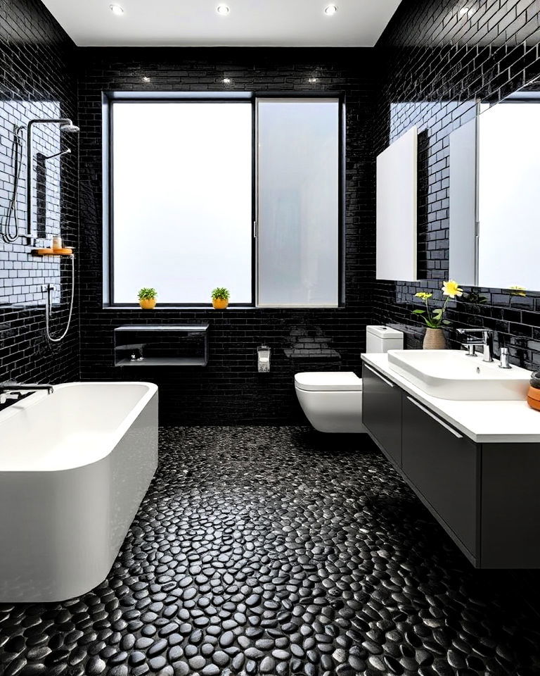 black pebble tile for dramatic effect in bathroom