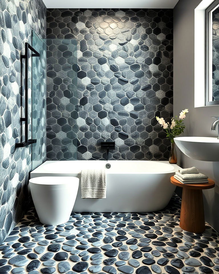 black pebble tiles for a spa like bathroom