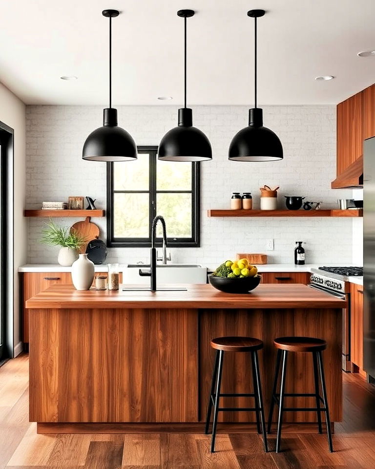 black pendant lighting over brown island for kitchen