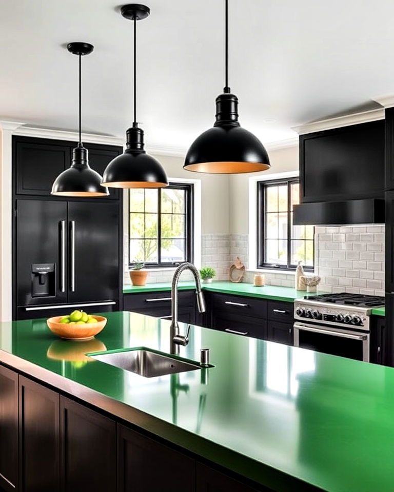 black pendant lighting over green countertops for kitchen