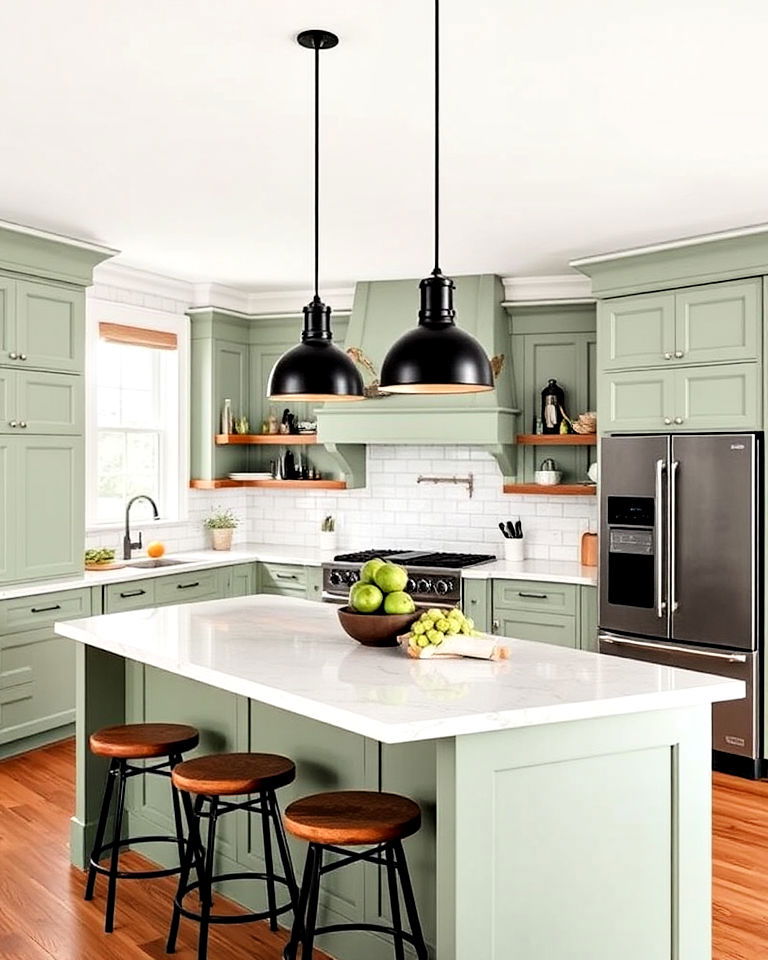 black pendant lights over sage green island for kitchen