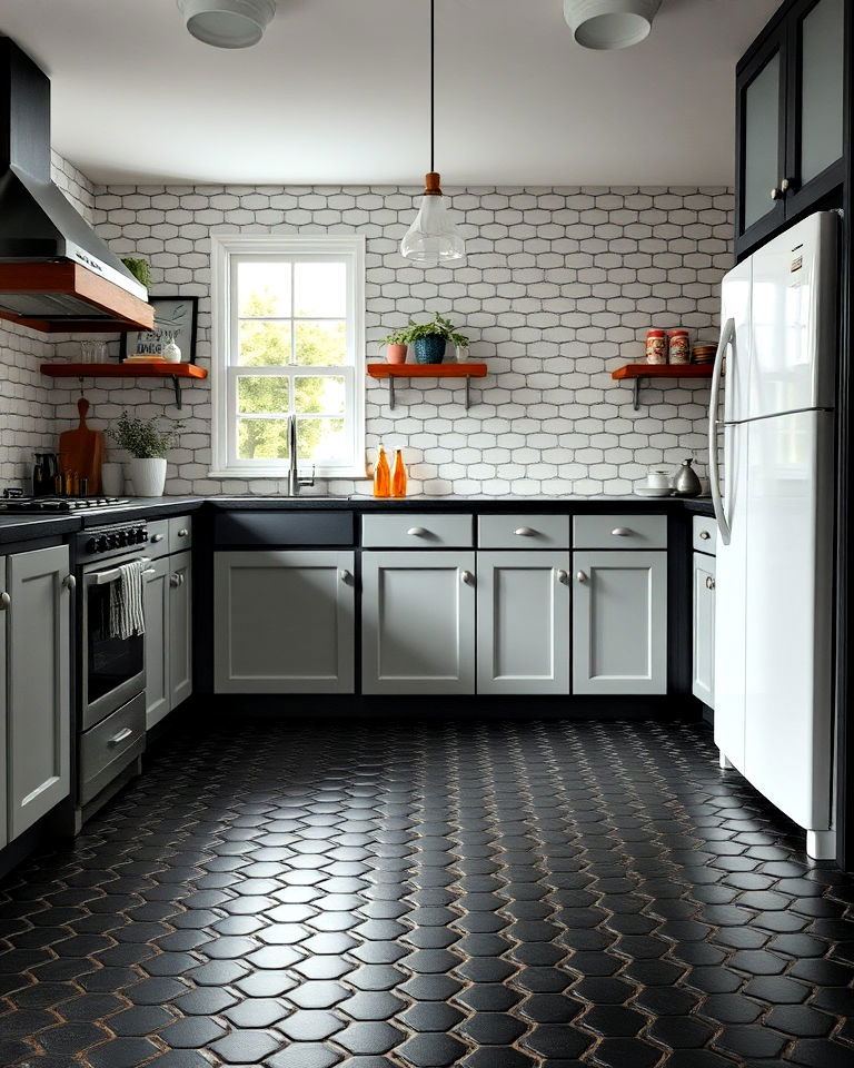 black penny tile flooring