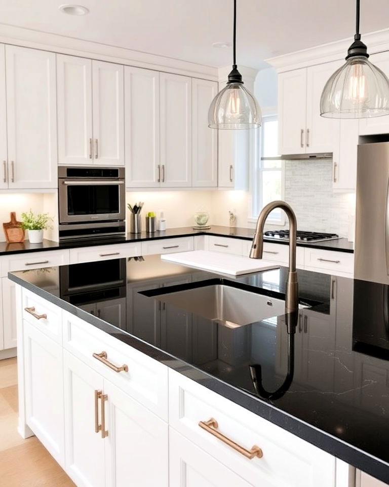 black quartz countertop with waterfall edge