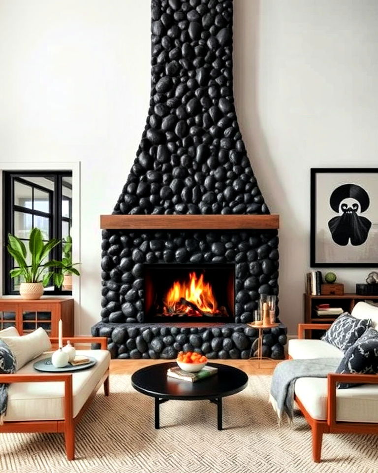 black river rock fireplace for a unique texture