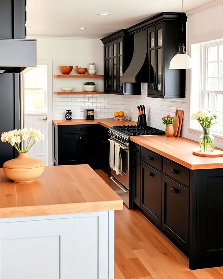 black shaker cabinets with wood countertop
