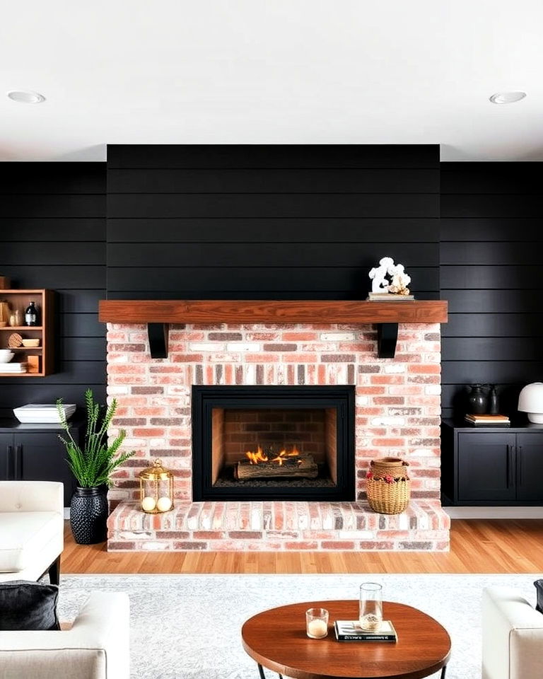 black shiplap and exposed brick fireplace