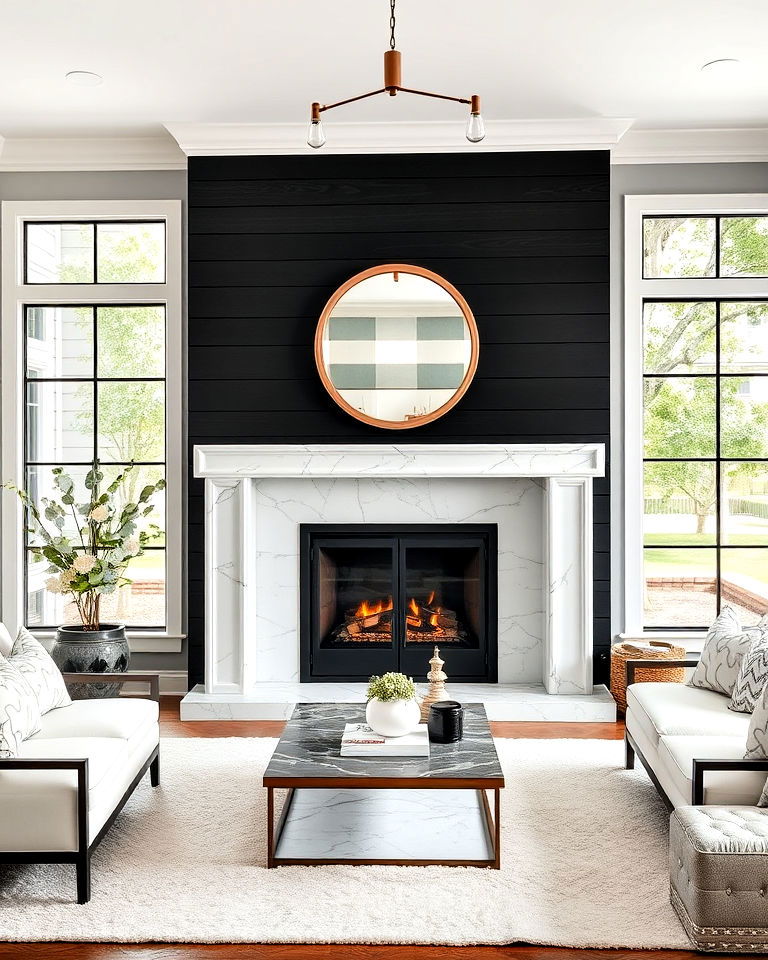 black shiplap and marble pairing fireplace
