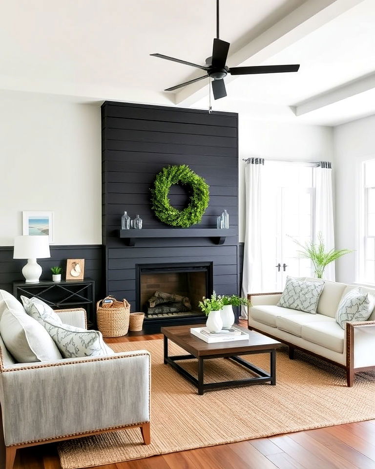 black shiplap fireplace in a coastal design