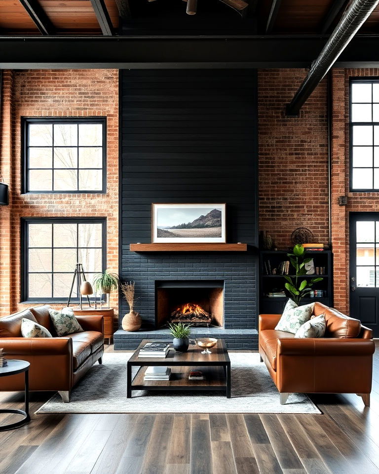 black shiplap fireplace in a loft space