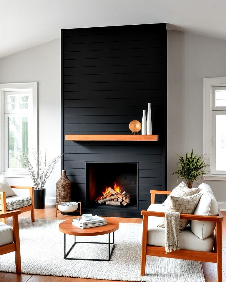 black shiplap fireplace in a scandinavian style room