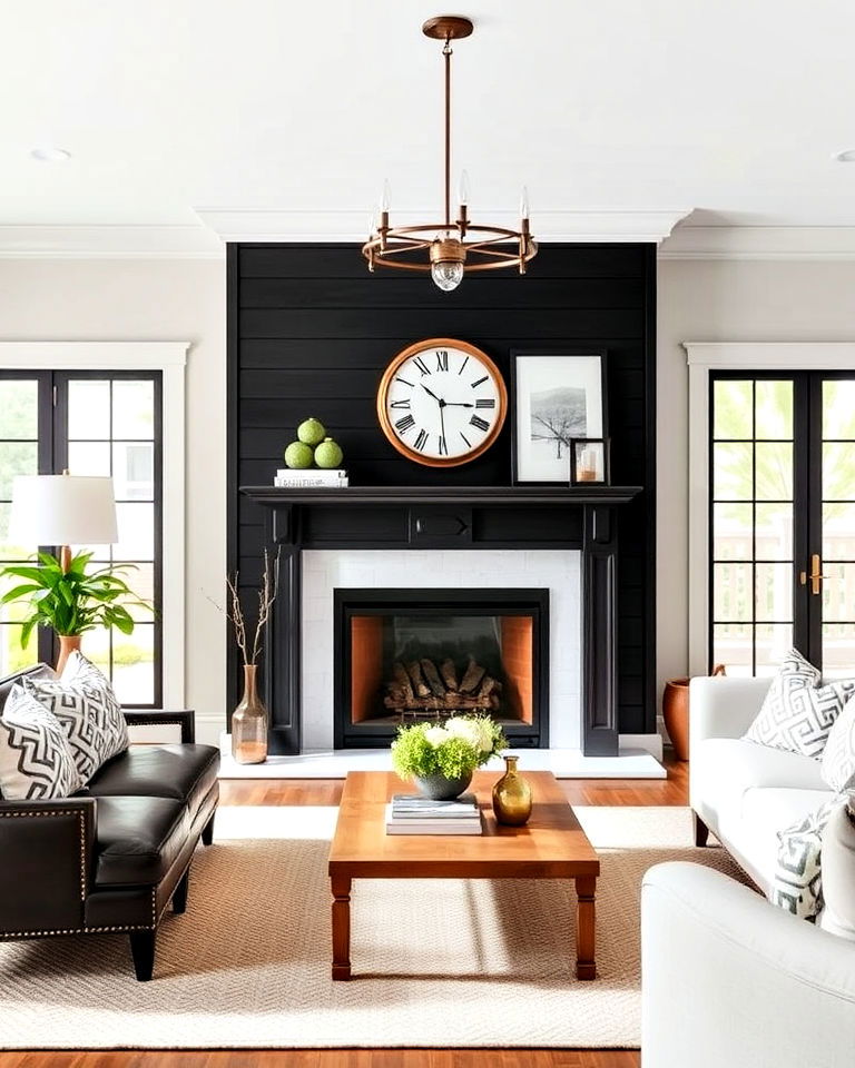 black shiplap fireplace in a transitional design