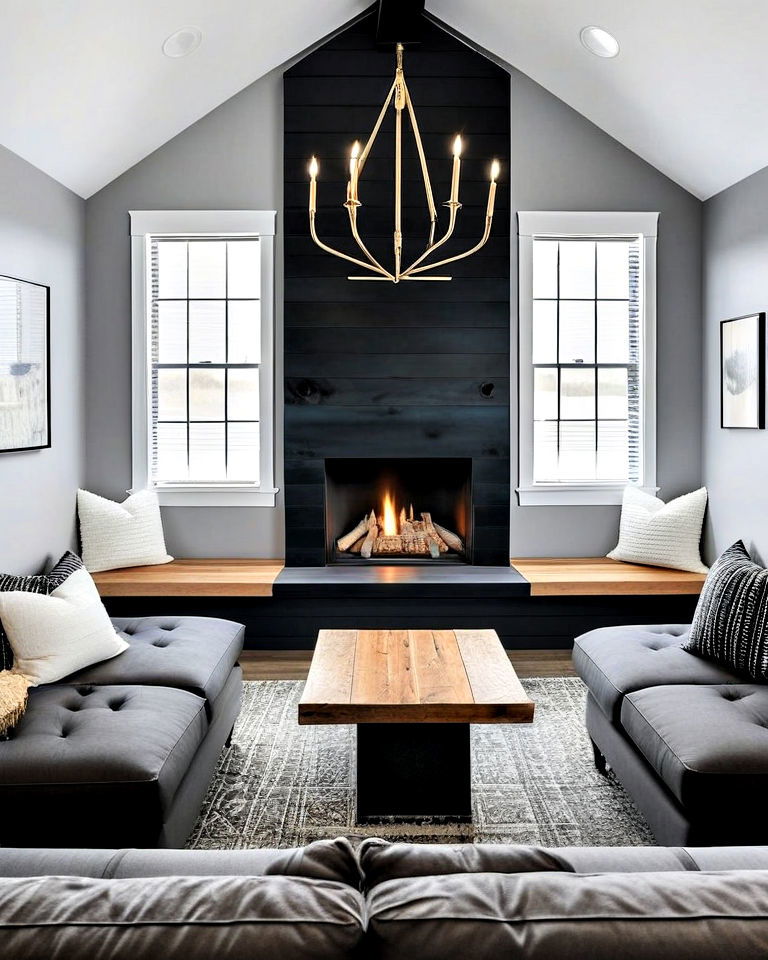 black shiplap fireplace with a built in bench