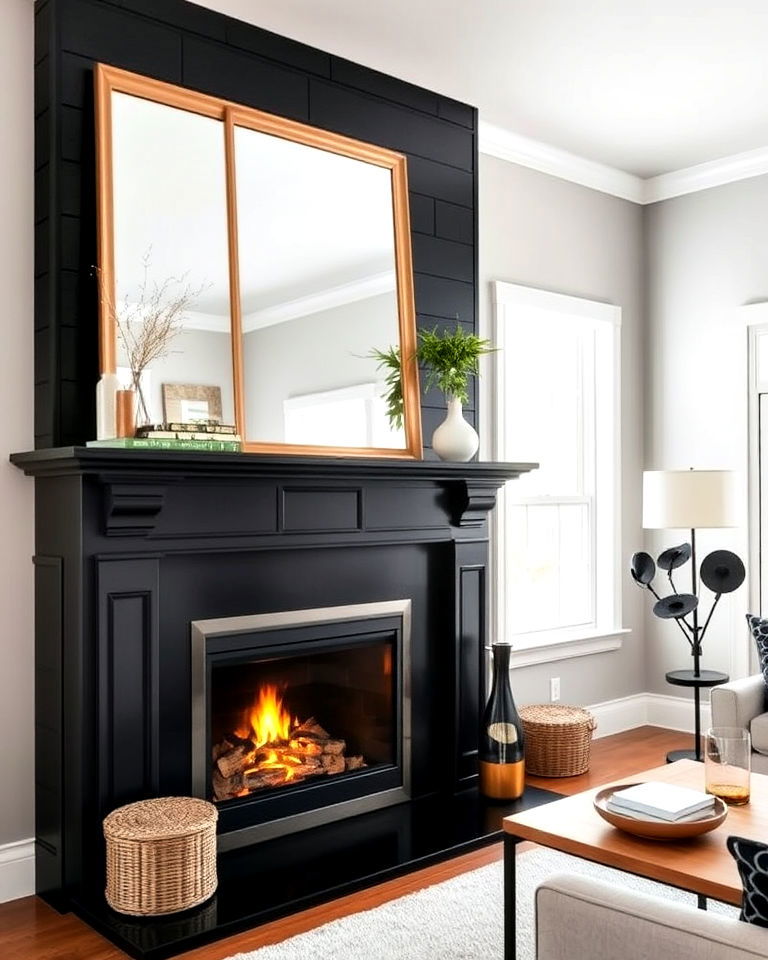 black shiplap fireplace with a mirror accent