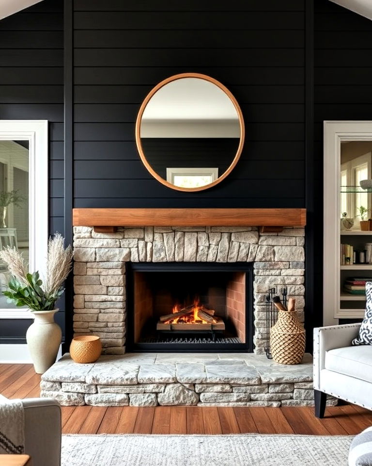black shiplap fireplace with a rustic stone hearth