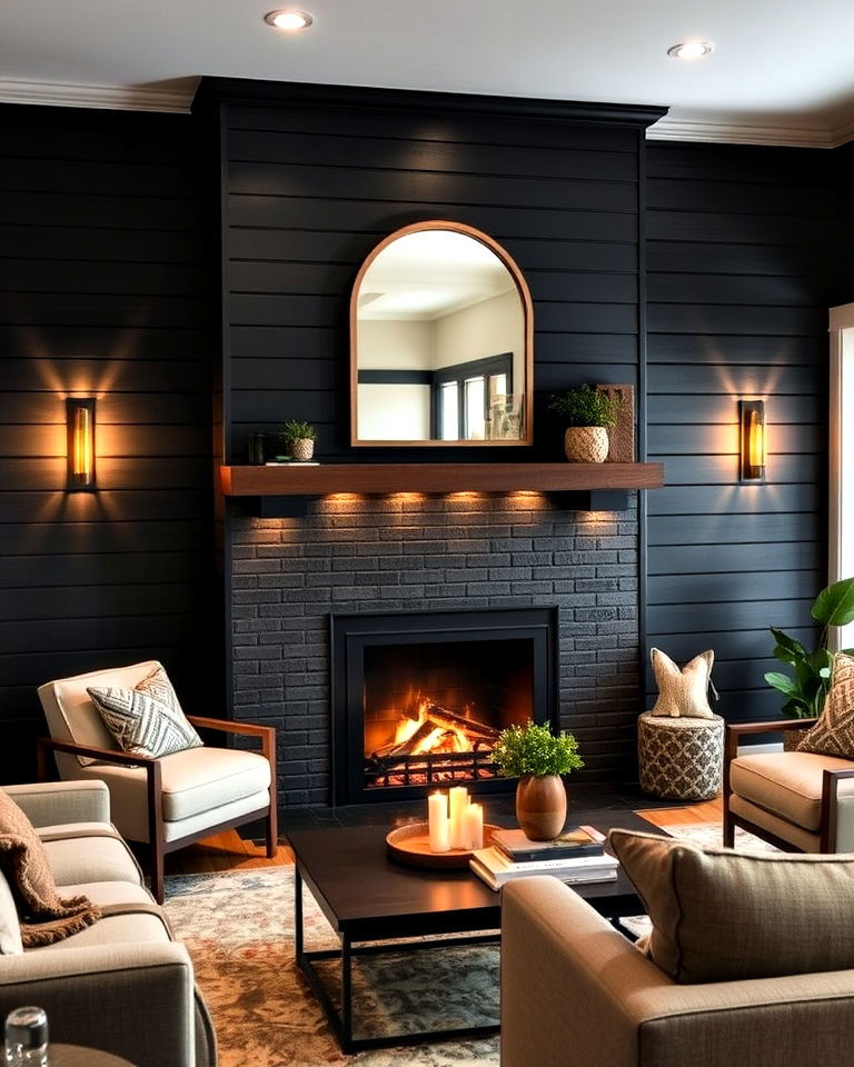 black shiplap fireplace with accent lighting