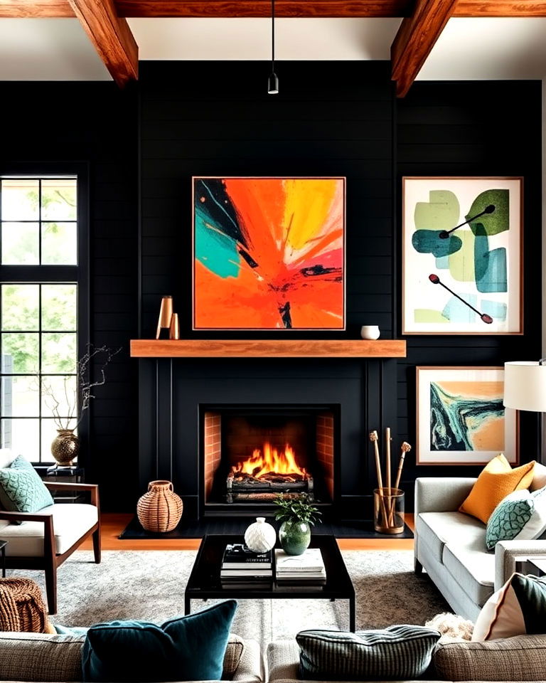 black shiplap fireplace with bold artwork above