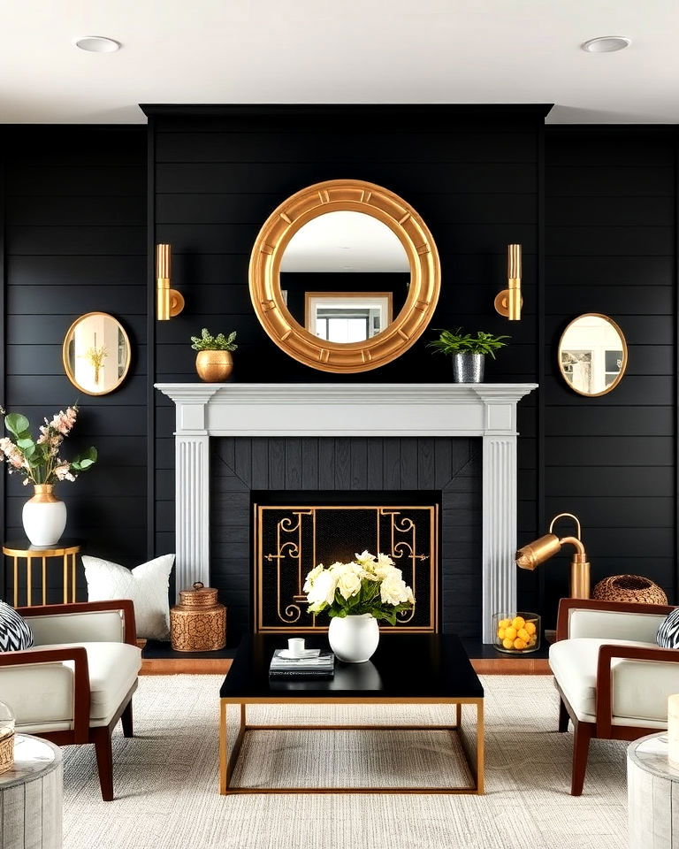 black shiplap fireplace with brass accents