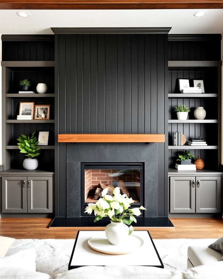 black shiplap fireplace with built in shelving