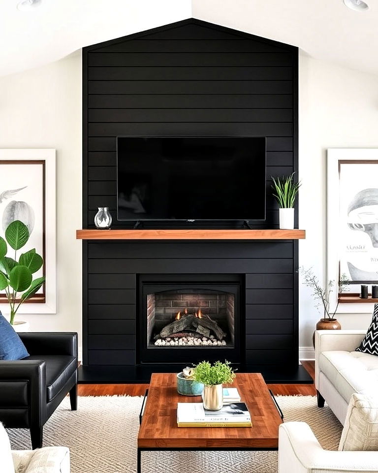 black shiplap fireplace with built in tv