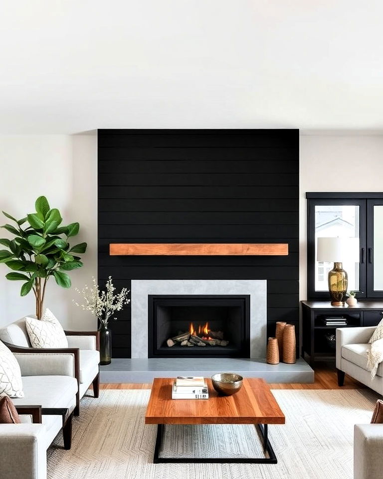 black shiplap fireplace with concrete surround